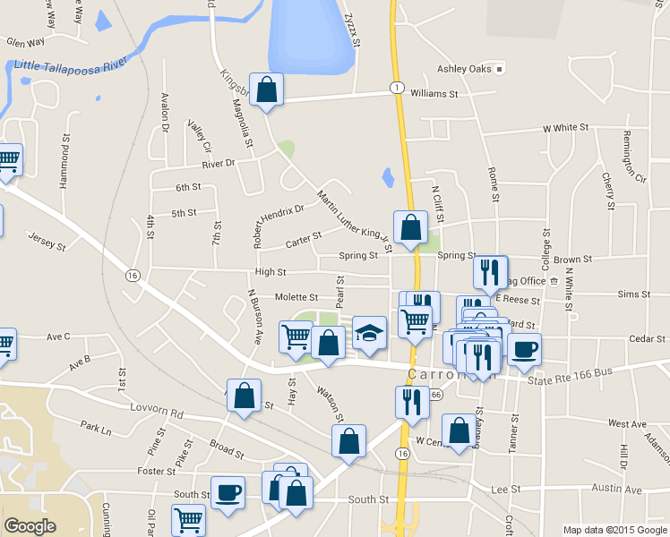 map of restaurants, bars, coffee shops, grocery stores, and more near 207 Willie North Street in Carrollton