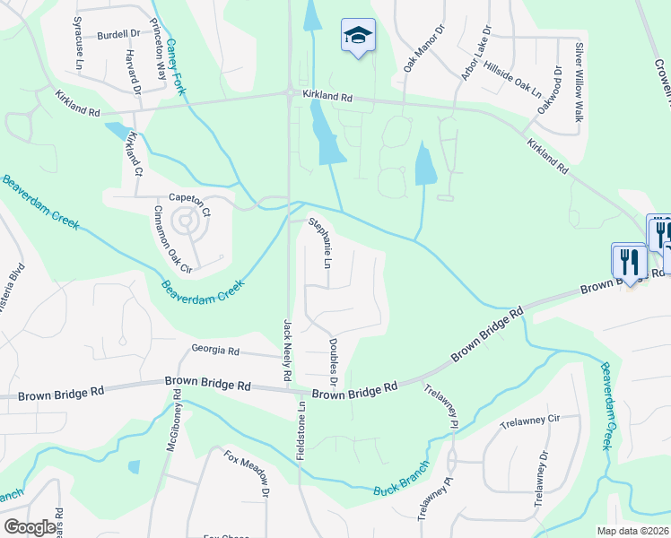 map of restaurants, bars, coffee shops, grocery stores, and more near 50 Stephanie Lane in Covington