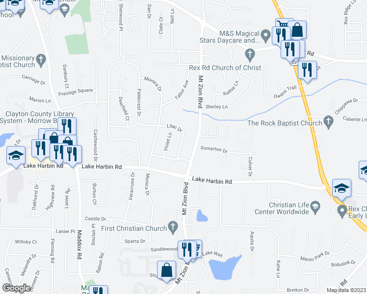 map of restaurants, bars, coffee shops, grocery stores, and more near 2672 Lilac Drive in Morrow