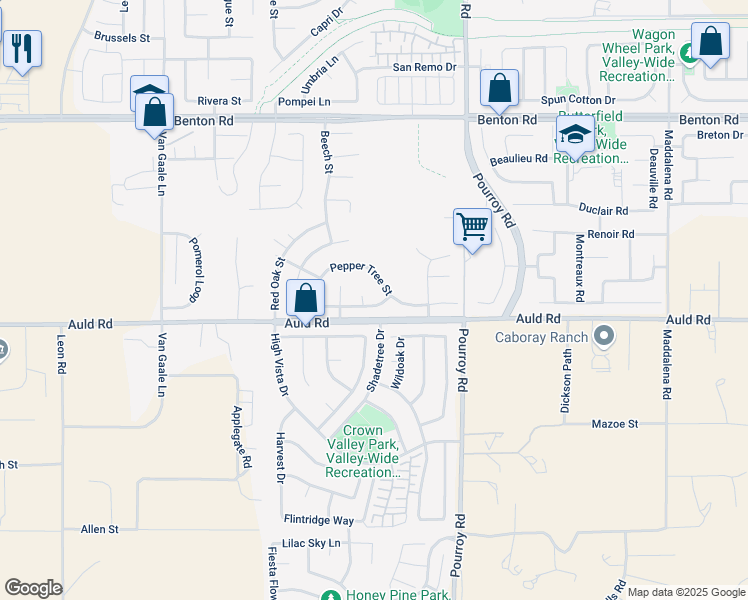 map of restaurants, bars, coffee shops, grocery stores, and more near 31779 Pepper Tree Street in Winchester