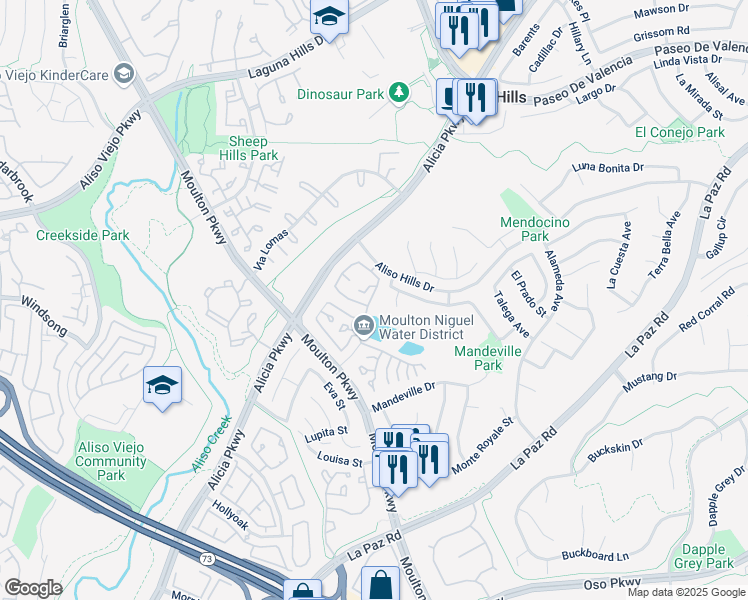 map of restaurants, bars, coffee shops, grocery stores, and more near 26123 Sunnyglen Avenue in Laguna Hills