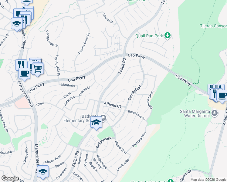map of restaurants, bars, coffee shops, grocery stores, and more near 26032 Ravenna Road in Mission Viejo