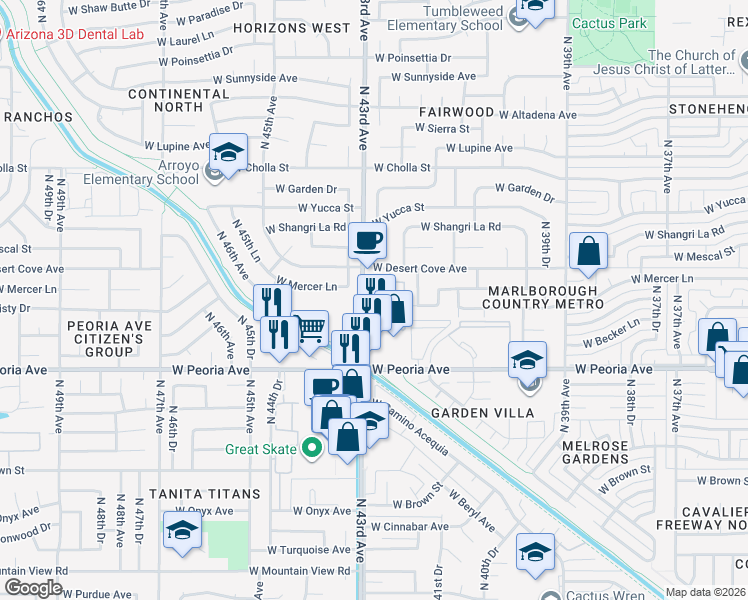 map of restaurants, bars, coffee shops, grocery stores, and more near 10851 North 43rd Avenue in Phoenix