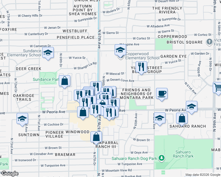 map of restaurants, bars, coffee shops, grocery stores, and more near 6632 West Mercer Lane in Glendale