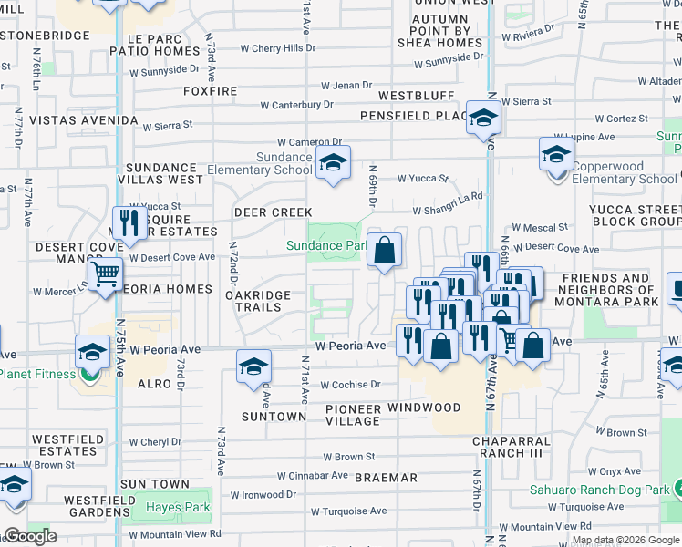 map of restaurants, bars, coffee shops, grocery stores, and more near in Peoria
