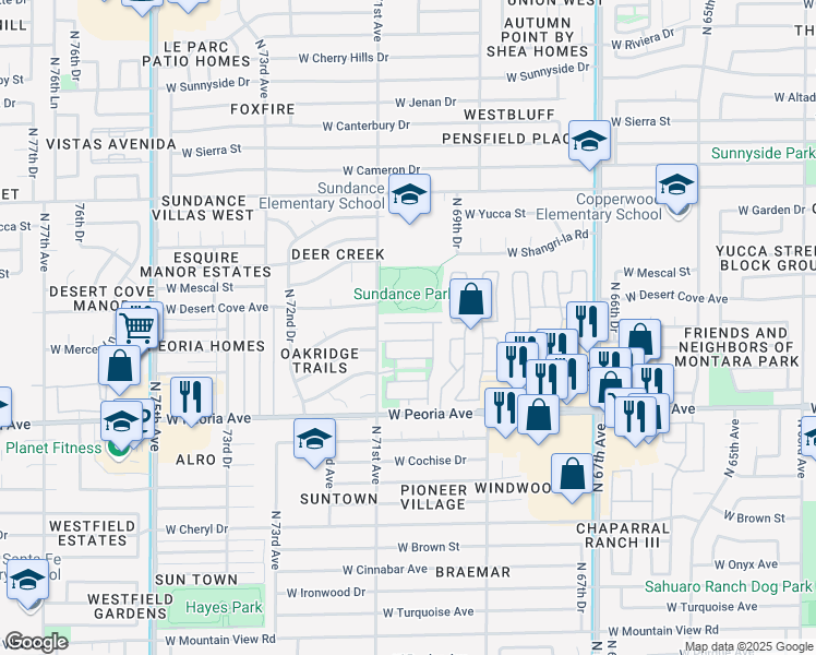 map of restaurants, bars, coffee shops, grocery stores, and more near in Peoria