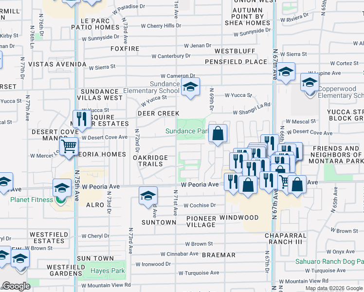 map of restaurants, bars, coffee shops, grocery stores, and more near in Peoria