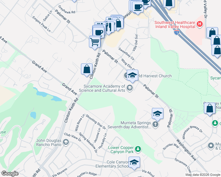 map of restaurants, bars, coffee shops, grocery stores, and more near 23071 Palomar Street in Murrieta