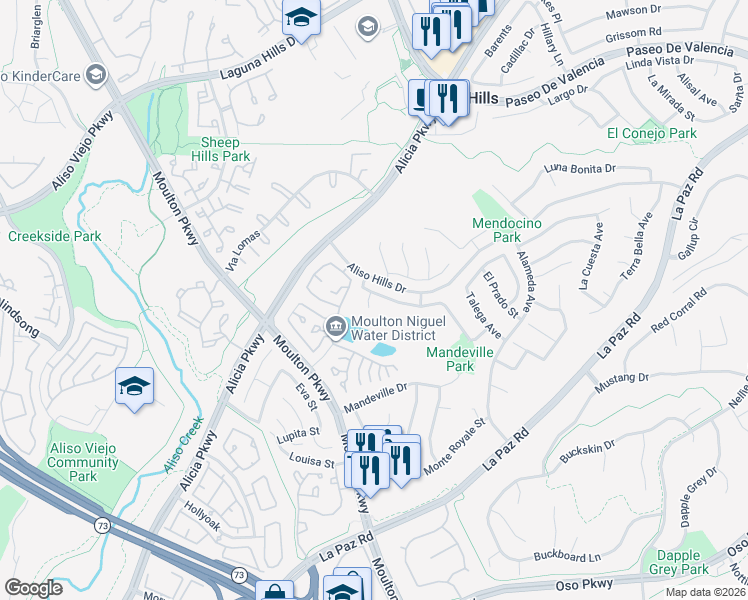map of restaurants, bars, coffee shops, grocery stores, and more near 24521 La Cienega Street in Laguna Hills