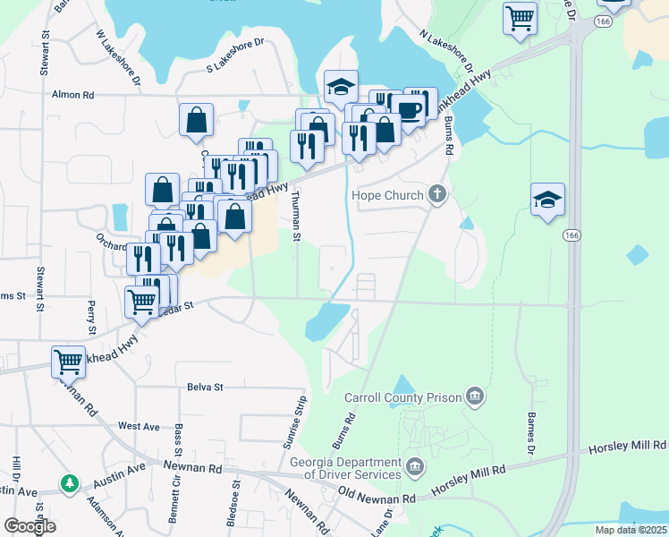 map of restaurants, bars, coffee shops, grocery stores, and more near 1130 Cedar Street in Carrollton