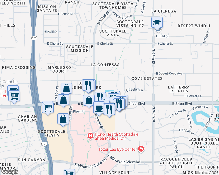 map of restaurants, bars, coffee shops, grocery stores, and more near 9300 East Shea Boulevard in Scottsdale