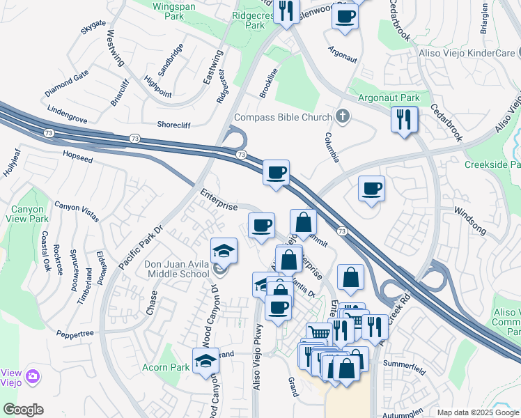 map of restaurants, bars, coffee shops, grocery stores, and more near 15 Enterprise in Aliso Viejo