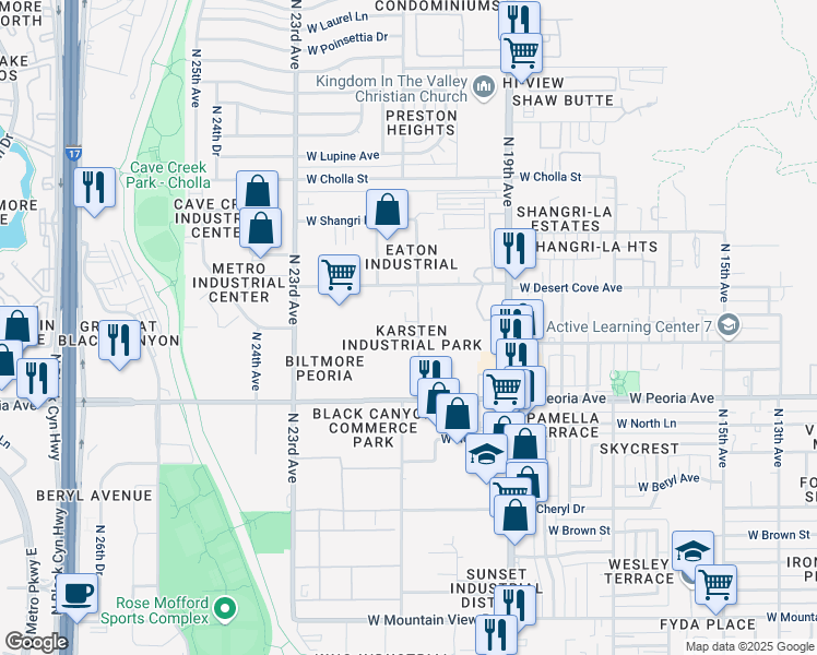 map of restaurants, bars, coffee shops, grocery stores, and more near 2201 West Desert Cove Avenue in Phoenix