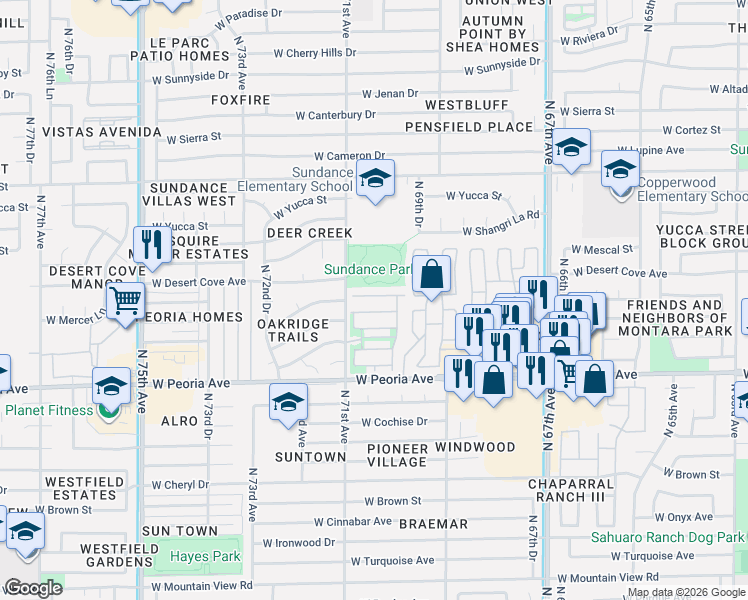 map of restaurants, bars, coffee shops, grocery stores, and more near 7027 West Lincoln Street in Peoria