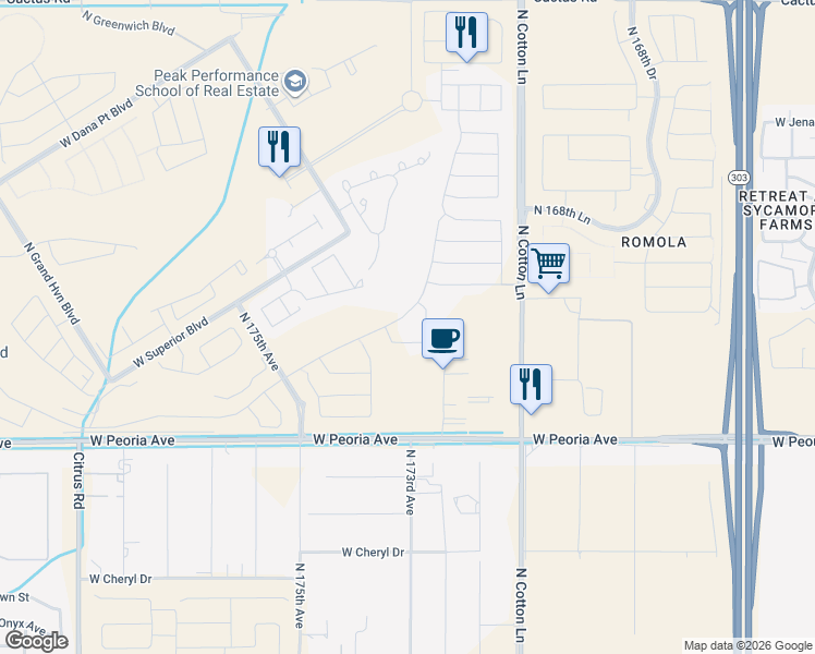 map of restaurants, bars, coffee shops, grocery stores, and more near 17100 West Peoria Avenue in Surprise