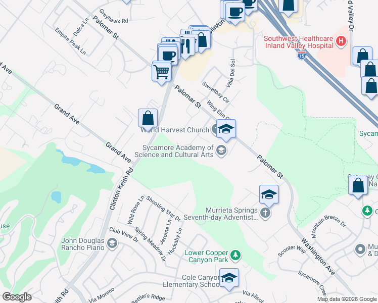 map of restaurants, bars, coffee shops, grocery stores, and more near Robin Scott Road in Murrieta