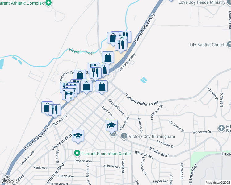 map of restaurants, bars, coffee shops, grocery stores, and more near 1125 Bethel Avenue in Birmingham