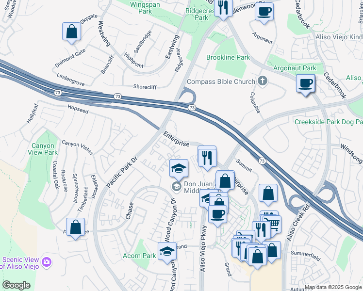 map of restaurants, bars, coffee shops, grocery stores, and more near 20 Enterprise in Aliso Viejo