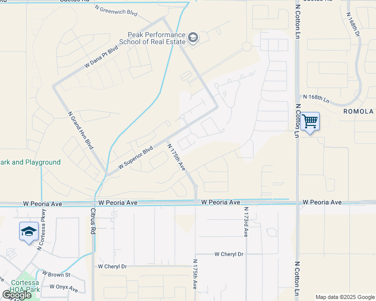 map of restaurants, bars, coffee shops, grocery stores, and more near 17541 West Guthrie Street in Surprise