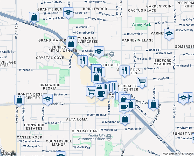 map of restaurants, bars, coffee shops, grocery stores, and more near 8495 Grand Avenue in Peoria