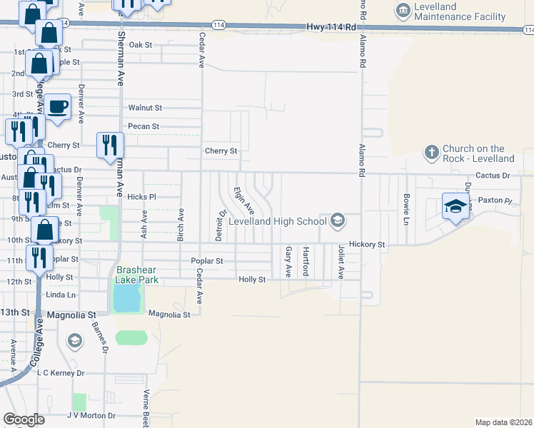 map of restaurants, bars, coffee shops, grocery stores, and more near 120 Flint Avenue in Levelland