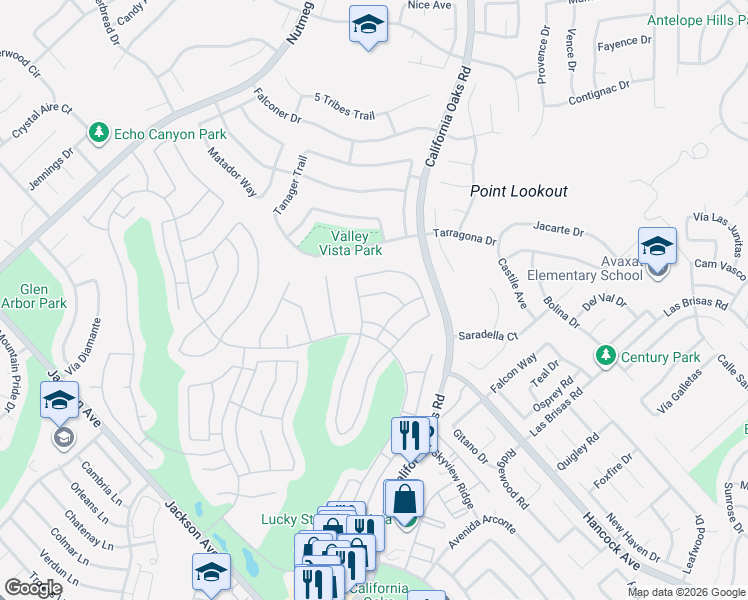 map of restaurants, bars, coffee shops, grocery stores, and more near 24175 Vía Llano in Murrieta