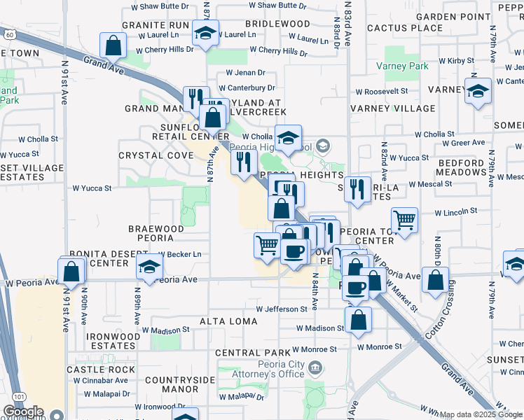 map of restaurants, bars, coffee shops, grocery stores, and more near 8525 NW Grand Ave in Peoria