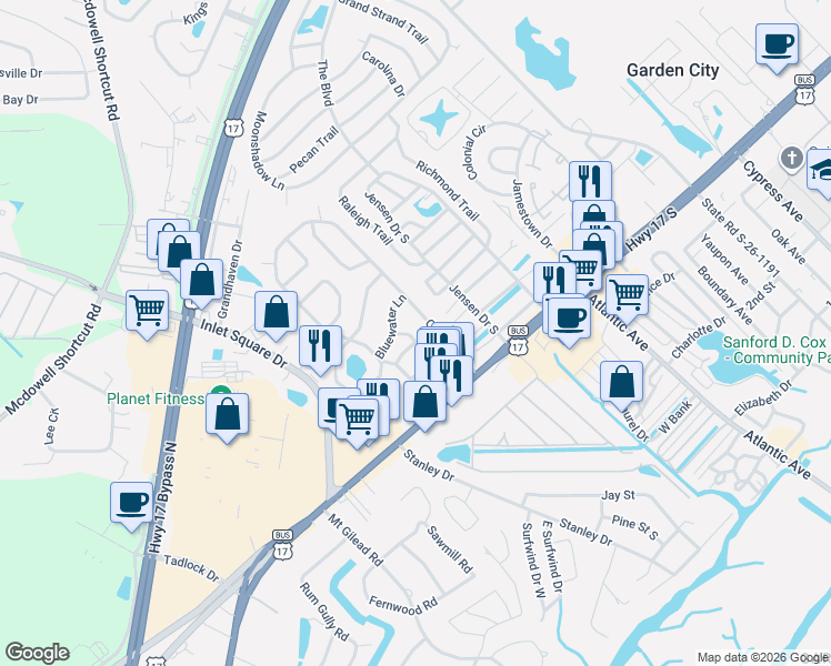 map of restaurants, bars, coffee shops, grocery stores, and more near 25 Offshore Drive in Murrells Inlet