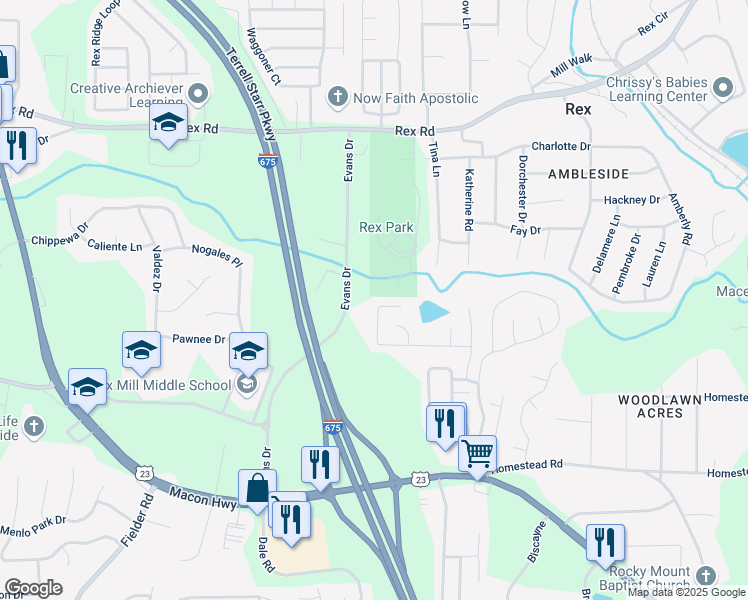 map of restaurants, bars, coffee shops, grocery stores, and more near 3413 Creekview Drive in Rex