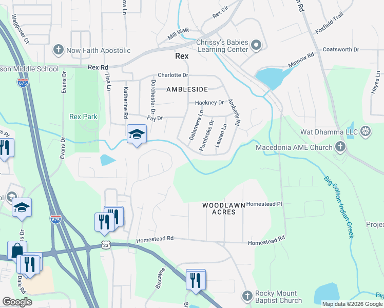 map of restaurants, bars, coffee shops, grocery stores, and more near 6205 Amberly Road in Rex