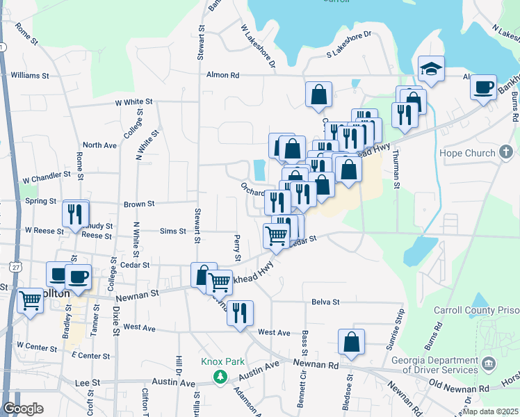 map of restaurants, bars, coffee shops, grocery stores, and more near Oxford Square in Carrollton