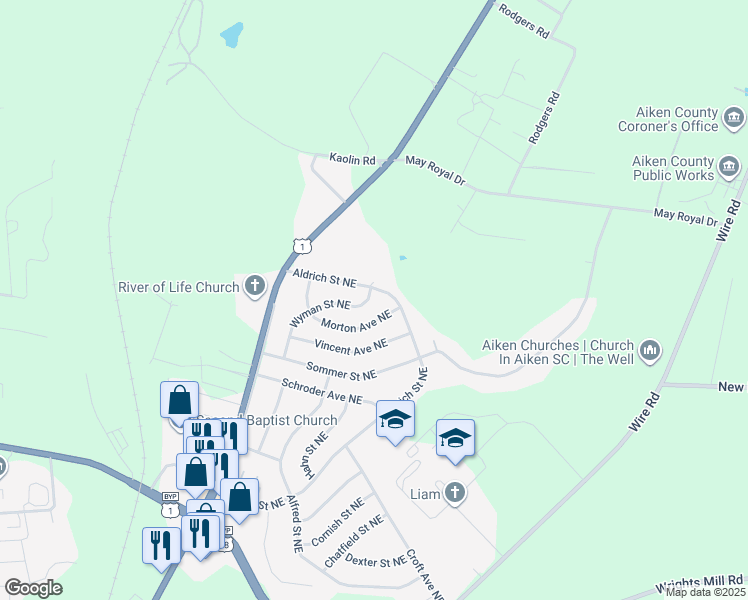 map of restaurants, bars, coffee shops, grocery stores, and more near 1580 Wyman Street Northeast in Aiken