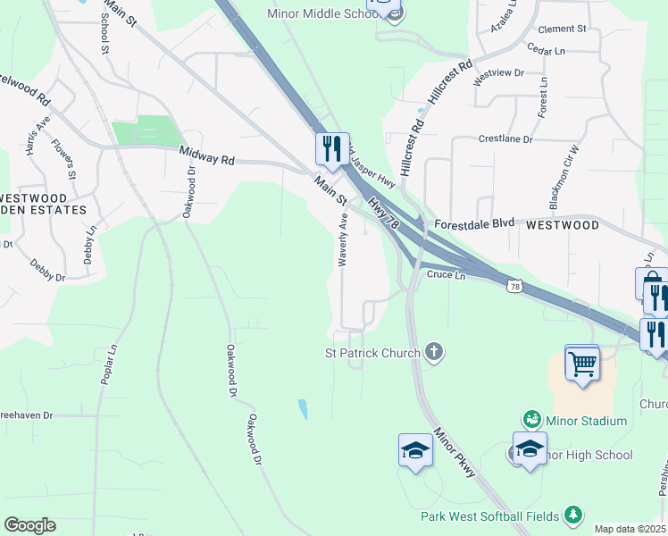 map of restaurants, bars, coffee shops, grocery stores, and more near 118 Waverly Avenue in Adamsville