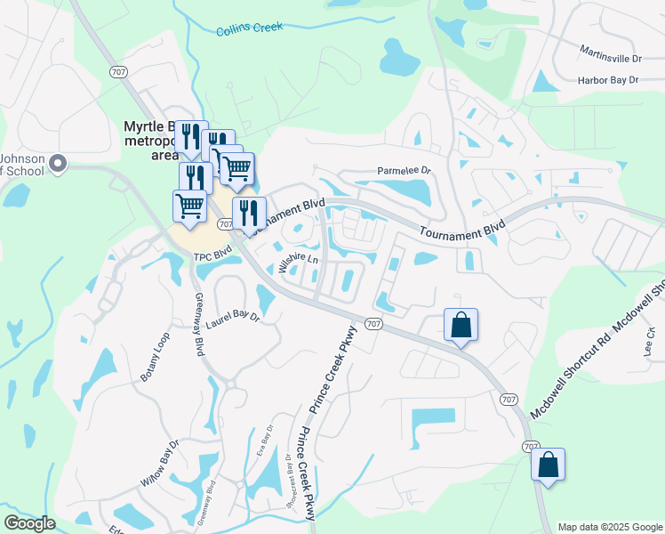 map of restaurants, bars, coffee shops, grocery stores, and more near 320 Wembly Way in Murrells Inlet