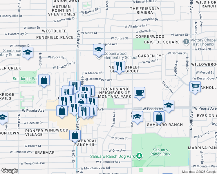 map of restaurants, bars, coffee shops, grocery stores, and more near 10845 North 65th Avenue in Glendale