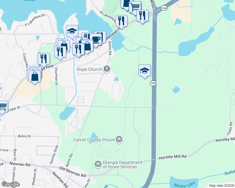 map of restaurants, bars, coffee shops, grocery stores, and more near 204 Burns Road in Carrollton