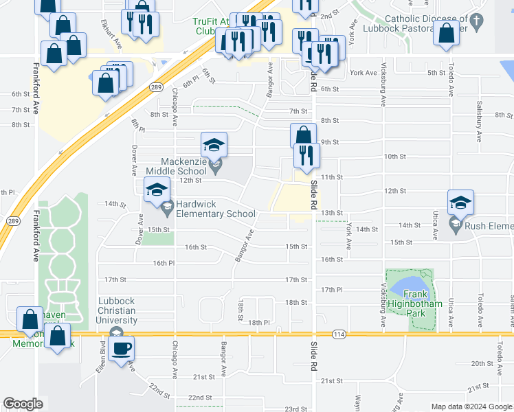 map of restaurants, bars, coffee shops, grocery stores, and more near 5301 11th Street in Lubbock