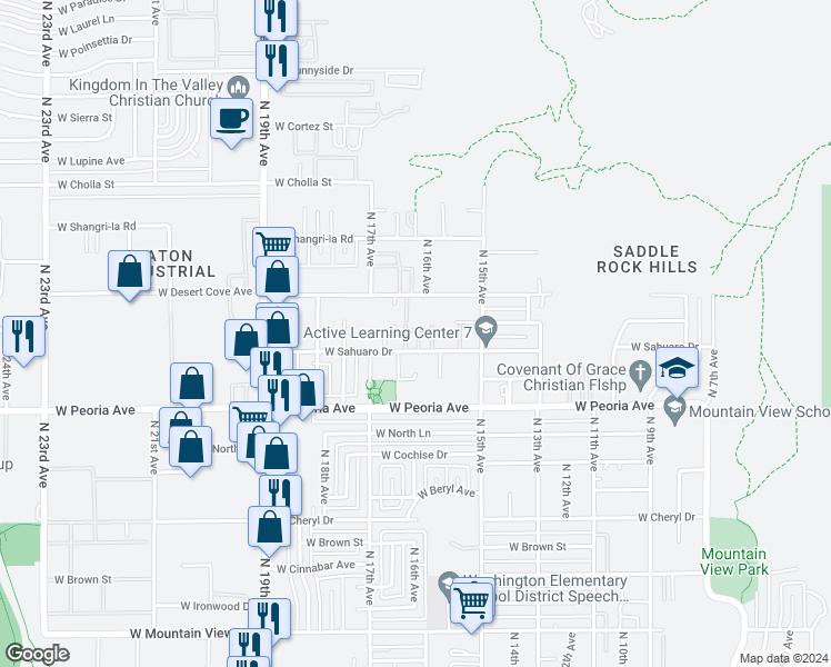 map of restaurants, bars, coffee shops, grocery stores, and more near 1601 West Desert Cove Avenue in Phoenix