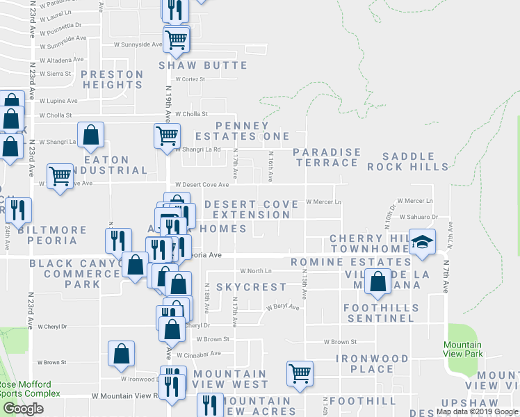 map of restaurants, bars, coffee shops, grocery stores, and more near 1601 West Desert Cove Avenue in Phoenix