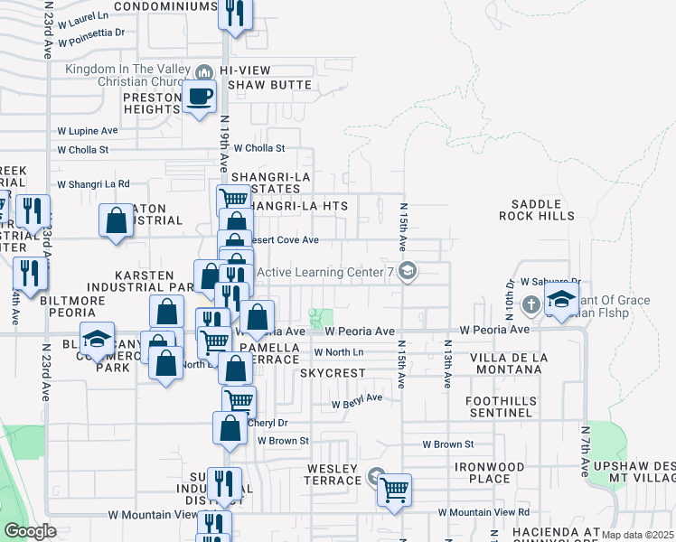 map of restaurants, bars, coffee shops, grocery stores, and more near 1627 West Desert Cove Avenue in Phoenix