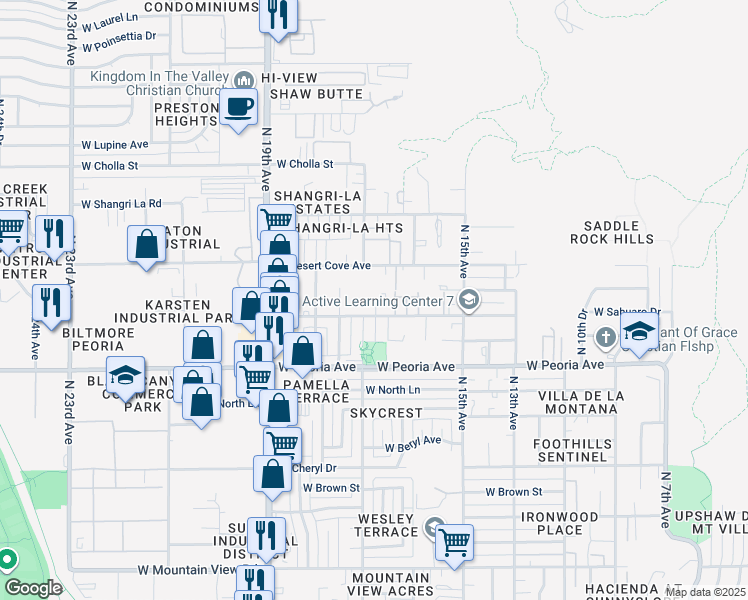 map of restaurants, bars, coffee shops, grocery stores, and more near 1627 West Desert Cove Avenue in Phoenix