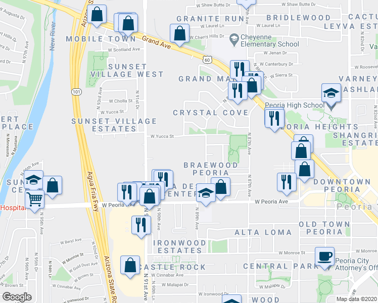 map of restaurants, bars, coffee shops, grocery stores, and more near N Mobile Home Park in Peoria