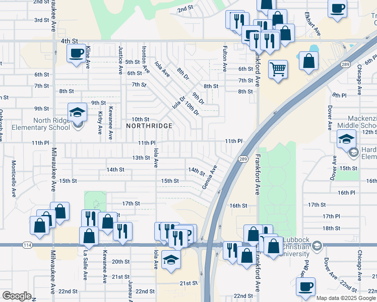 map of restaurants, bars, coffee shops, grocery stores, and more near 1108 Homestead Avenue in Lubbock