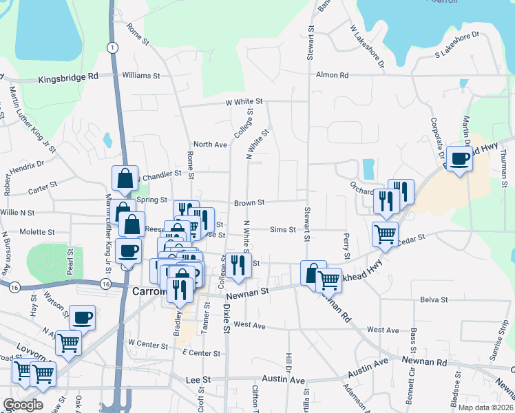 map of restaurants, bars, coffee shops, grocery stores, and more near 509 North White Street in Carrollton