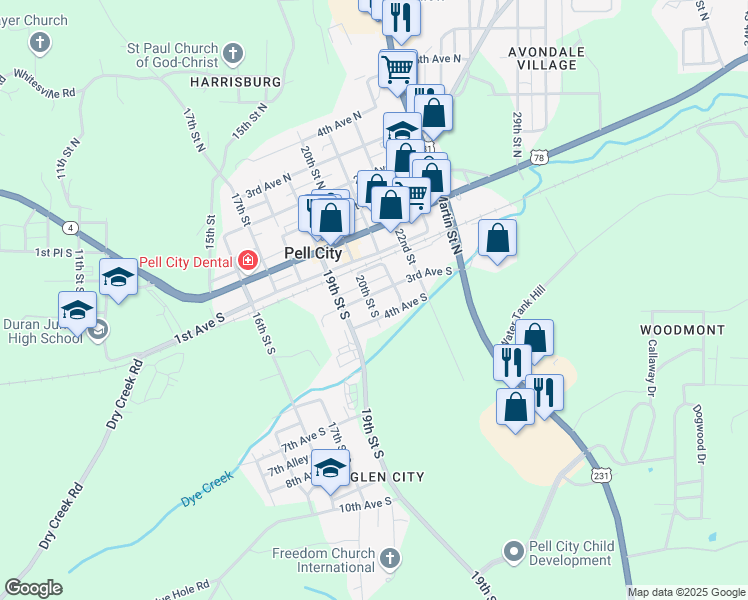 map of restaurants, bars, coffee shops, grocery stores, and more near 2000 3rd Avenue South in Pell City