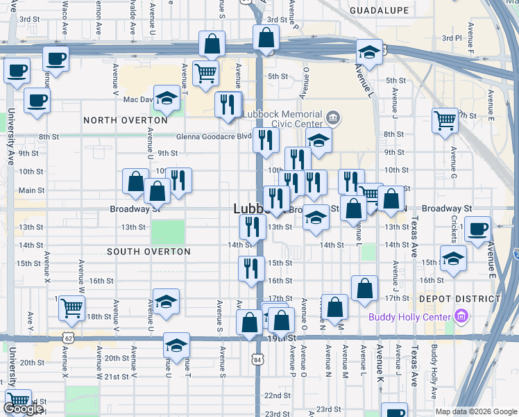 map of restaurants, bars, coffee shops, grocery stores, and more near in Lubbock