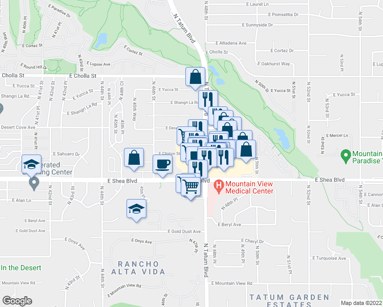 map of restaurants, bars, coffee shops, grocery stores, and more near 10810 Tatum Boulevard in Phoenix