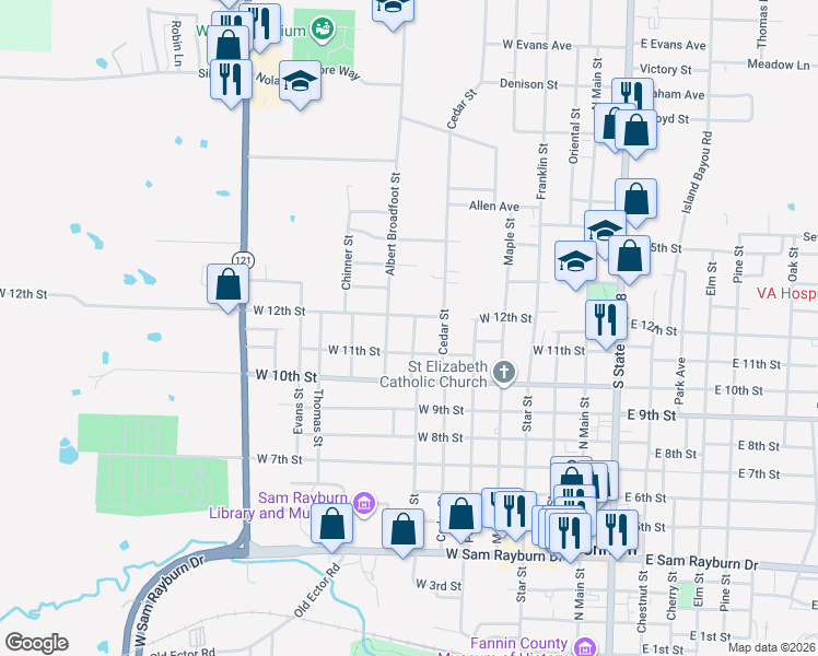 map of restaurants, bars, coffee shops, grocery stores, and more near 701 West 12th Street in Bonham