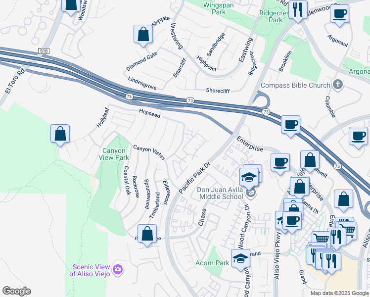 map of restaurants, bars, coffee shops, grocery stores, and more near 246 Woodcrest Lane in Aliso Viejo