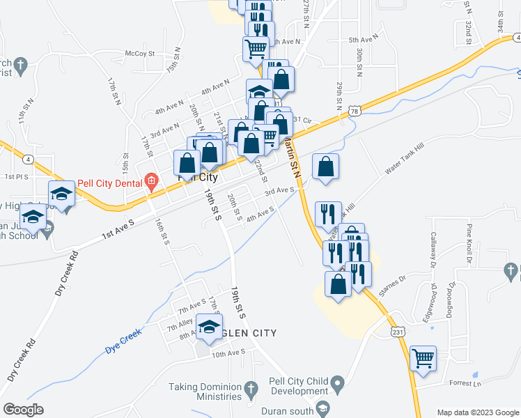 map of restaurants, bars, coffee shops, grocery stores, and more near 310 21st Street South in Pell City